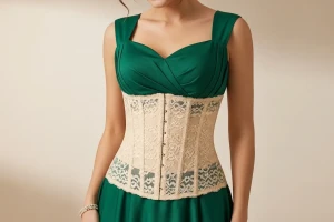 Wanita memakai korset perut pelangsing di bawah pakaian